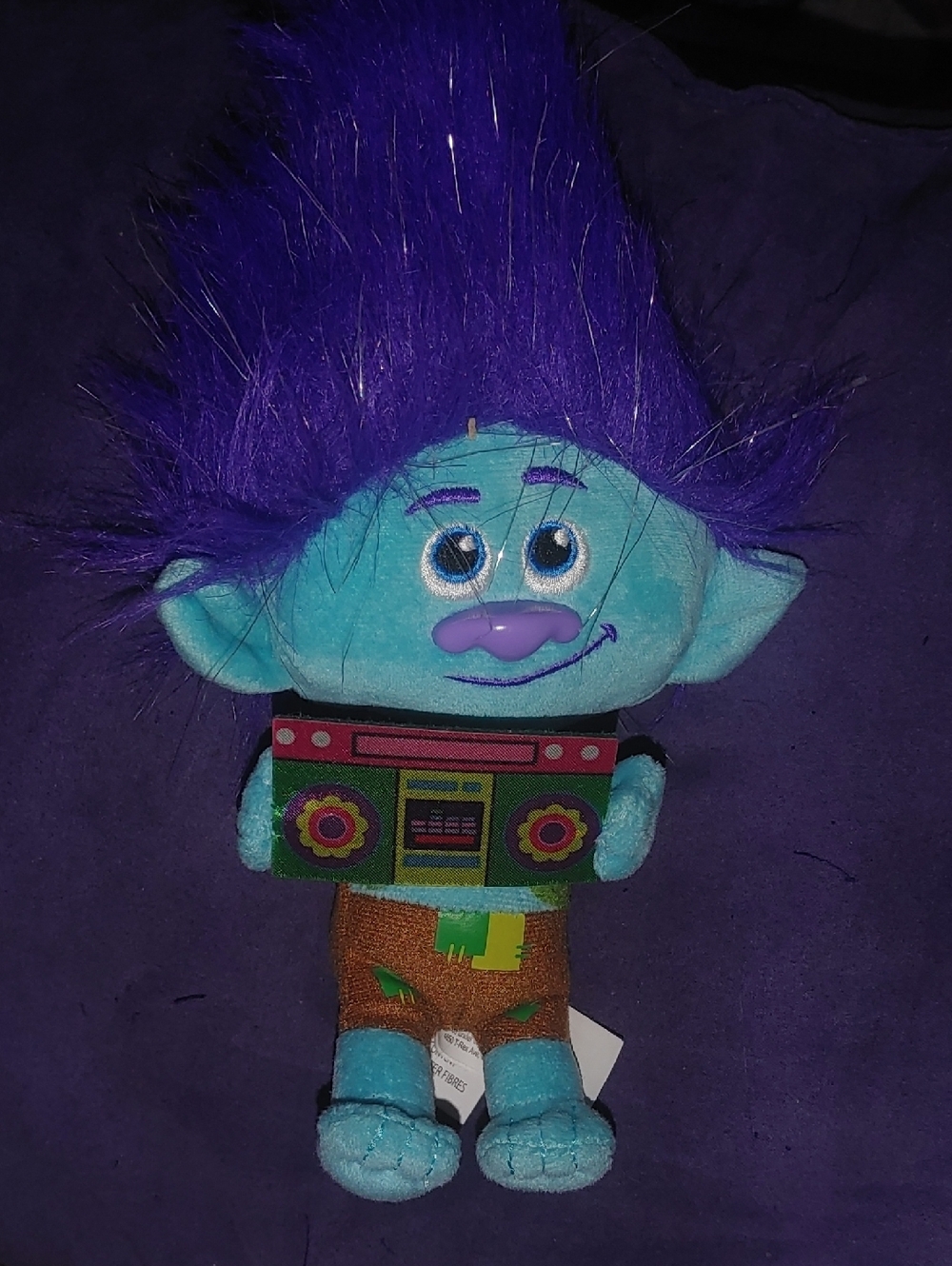 Dreamworks Blue Plush Troll with Purple Hair and Colorful Boombox